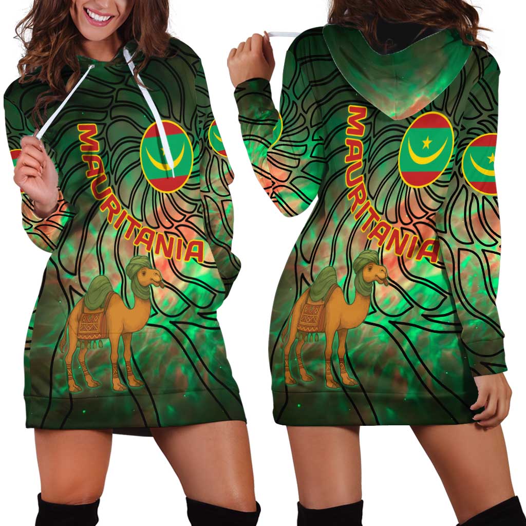 Mauritania Hoodie Dress with Green Tie Dye Camel and Crescent Moon Flag Design