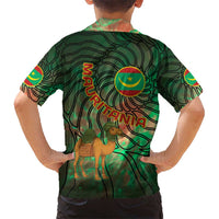 Mauritania Kid Hawaiian Shirt with Green Tie Dye Camel and Crescent Moon Flag Design