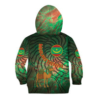 Mauritania Kid Hoodie with Green Tie Dye Camel and Crescent Moon Flag Design