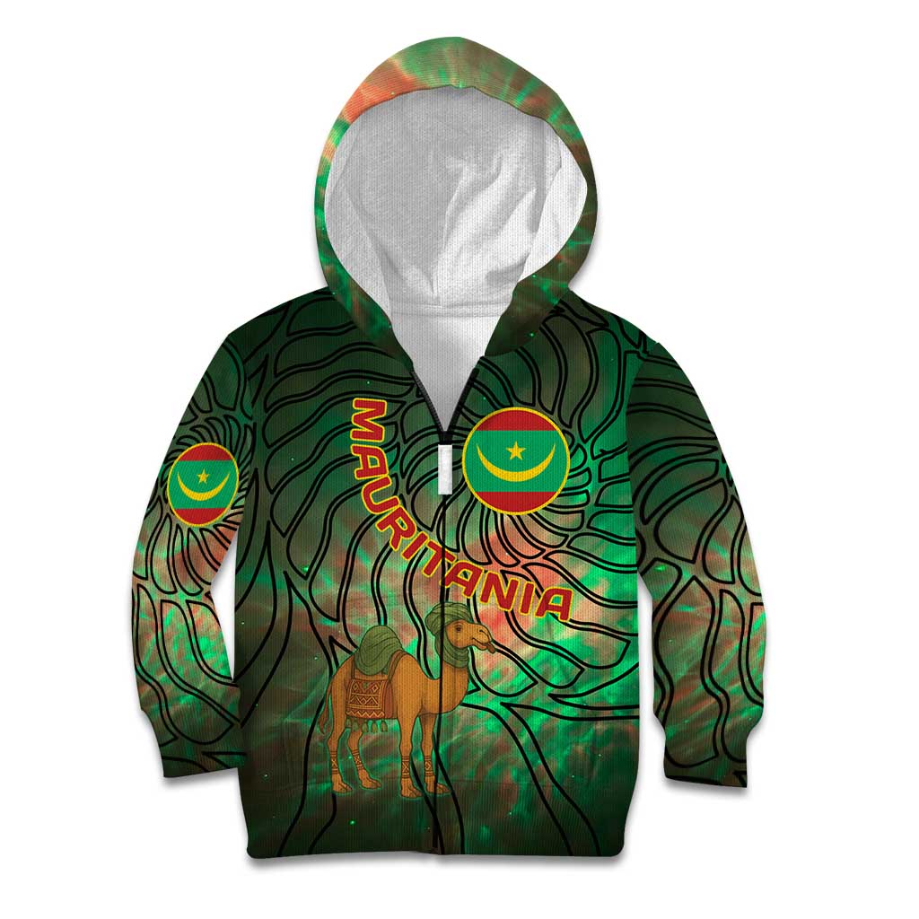 Mauritania Kid Hoodie with Green Tie Dye Camel and Crescent Moon Flag Design