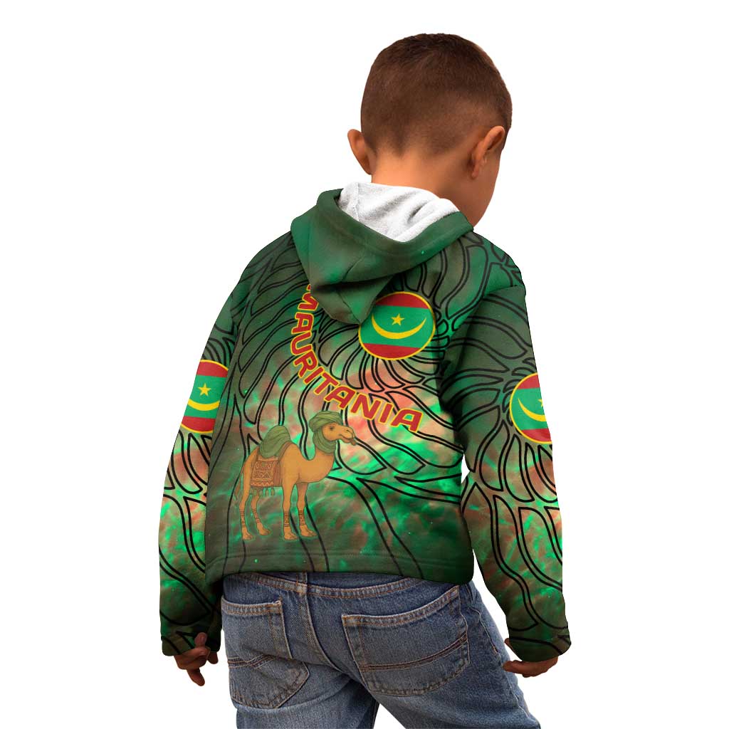 Mauritania Kid Hoodie with Green Tie Dye Camel and Crescent Moon Flag Design