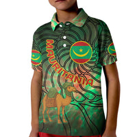 Mauritania Kid Polo Shirt with Green Tie Dye Camel and Crescent Moon Flag Design