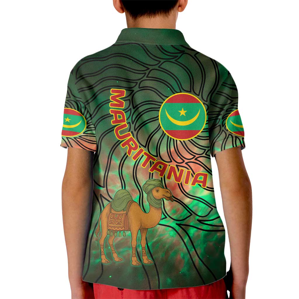 Mauritania Kid Polo Shirt with Green Tie Dye Camel and Crescent Moon Flag Design