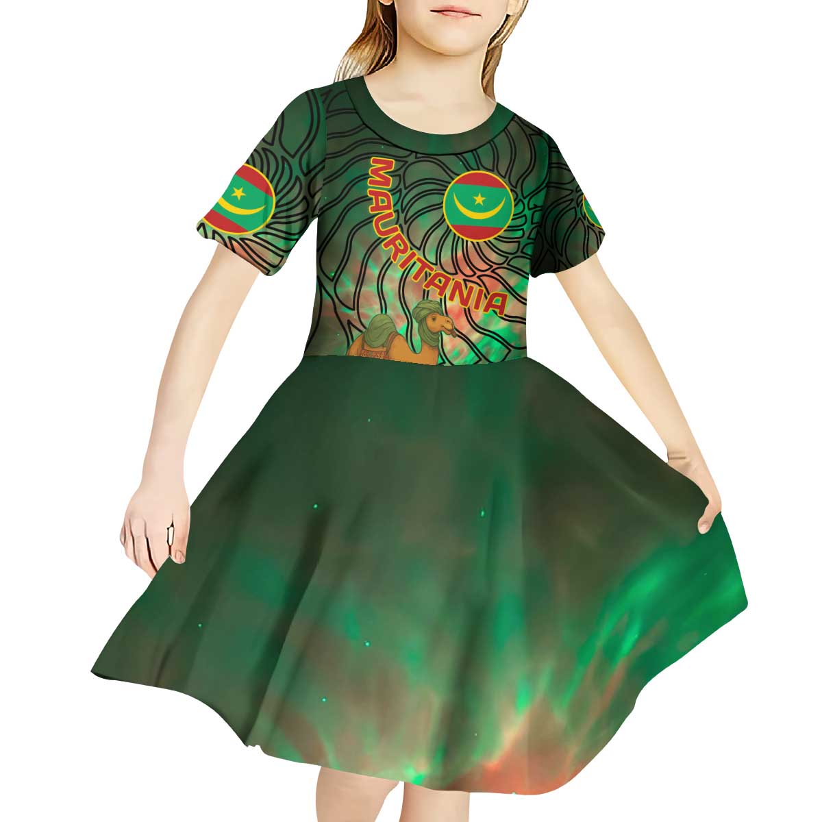 Mauritania Kid Short Sleeve Dress with Green Tie Dye Camel and Crescent Moon Flag Design
