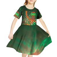 Mauritania Kid Short Sleeve Dress with Green Tie Dye Camel and Crescent Moon Flag Design