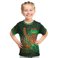 Mauritania Kid T Shirt with Green Tie Dye Camel and Crescent Moon Flag Design