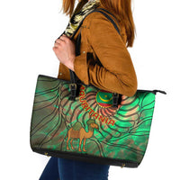 Mauritania Leather Tote Bag with Green Tie Dye Camel and Crescent Moon Flag Design