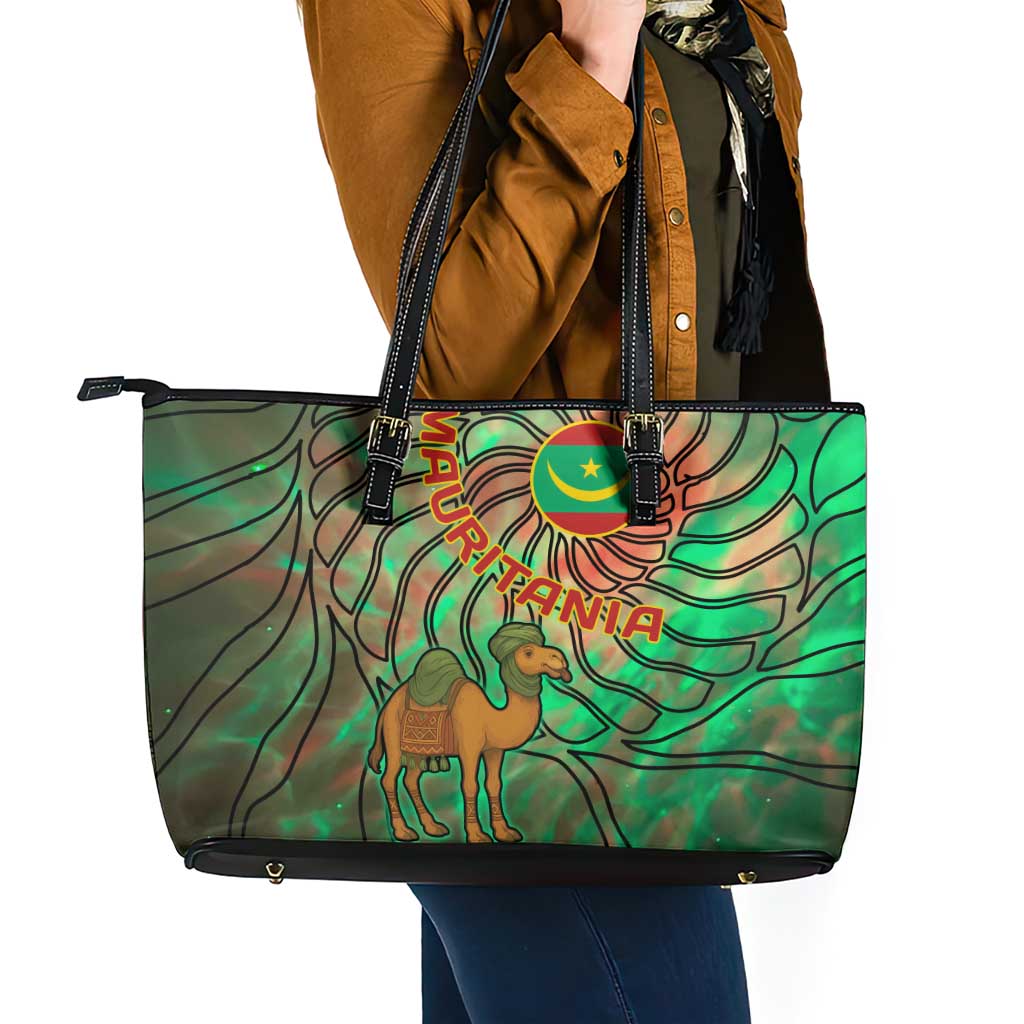 Mauritania Leather Tote Bag with Green Tie Dye Camel and Crescent Moon Flag Design