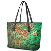 Mauritania Leather Tote Bag with Green Tie Dye Camel and Crescent Moon Flag Design