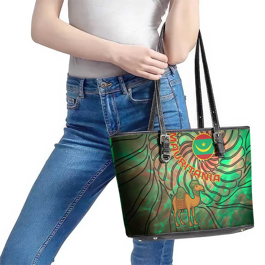 Mauritania Leather Tote Bag with Green Tie Dye Camel and Crescent Moon Flag Design