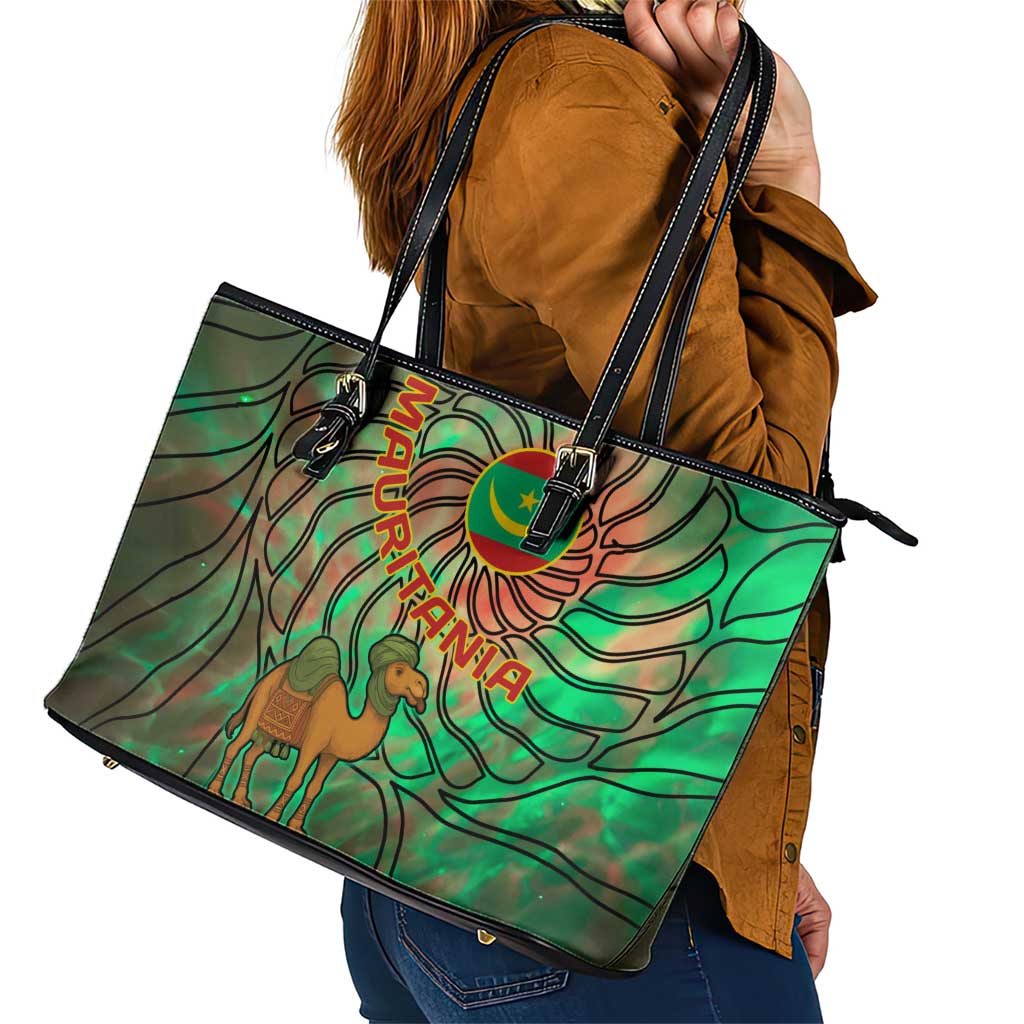 Mauritania Leather Tote Bag with Green Tie Dye Camel and Crescent Moon Flag Design