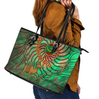 Mauritania Leather Tote Bag with Green Tie Dye Camel and Crescent Moon Flag Design