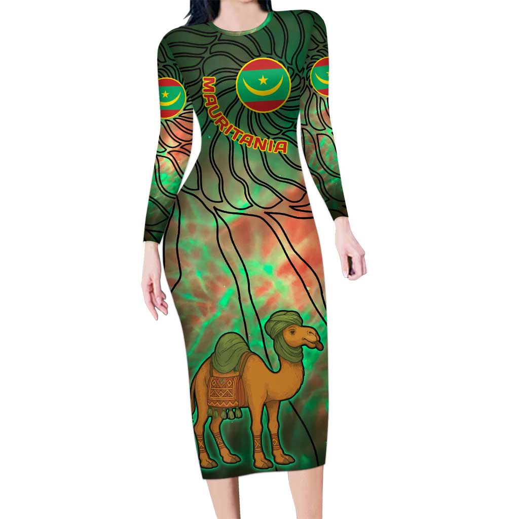 Mauritania Long Sleeve Bodycon Dress with Green Tie Dye Camel and Crescent Moon Flag Design