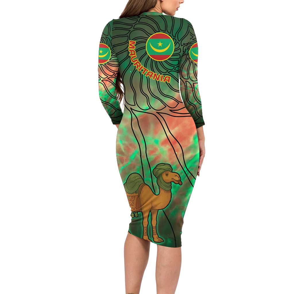 Mauritania Long Sleeve Bodycon Dress with Green Tie Dye Camel and Crescent Moon Flag Design