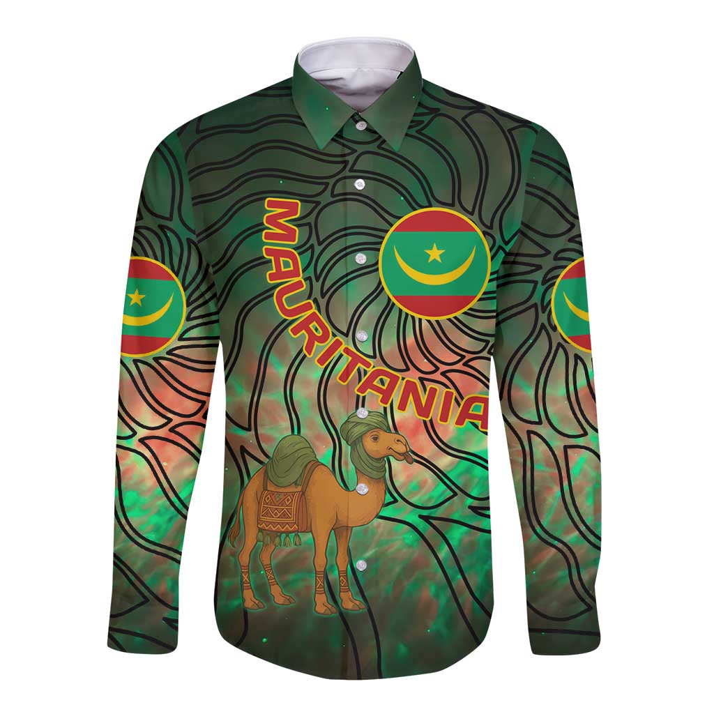 Mauritania Long Sleeve Button Shirt with Green Tie Dye Camel and Crescent Moon Flag Design