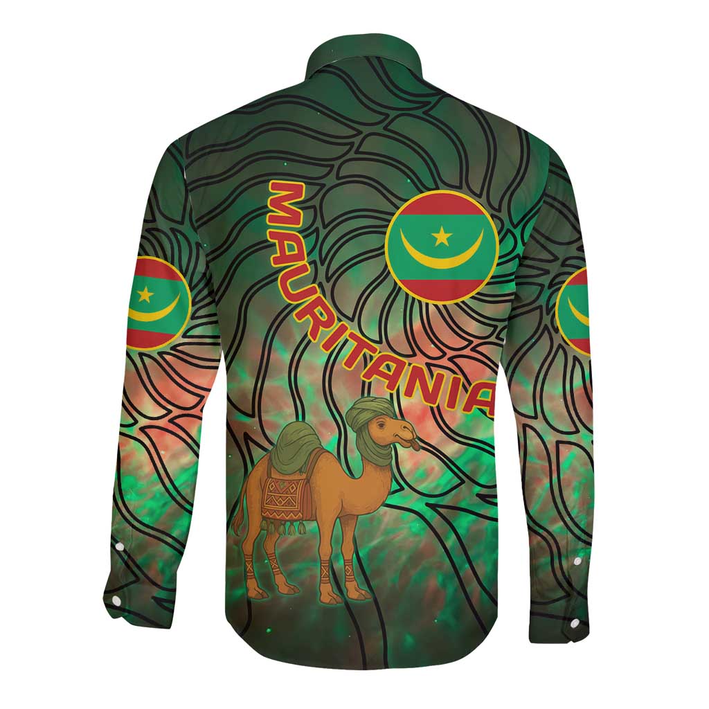 Mauritania Long Sleeve Button Shirt with Green Tie Dye Camel and Crescent Moon Flag Design