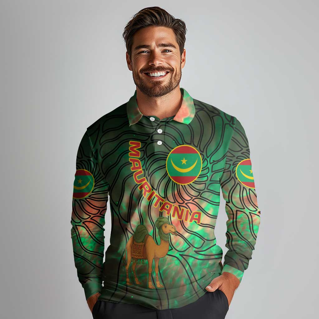 Mauritania Long Sleeve Polo Shirt with Green Tie Dye Camel and Crescent Moon Flag Design