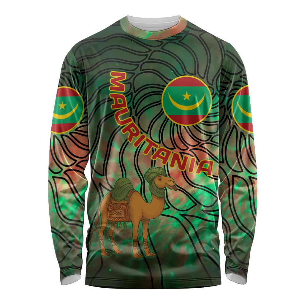 Mauritania Long Sleeve Shirt with Green Tie Dye Camel and Crescent Moon Flag Design