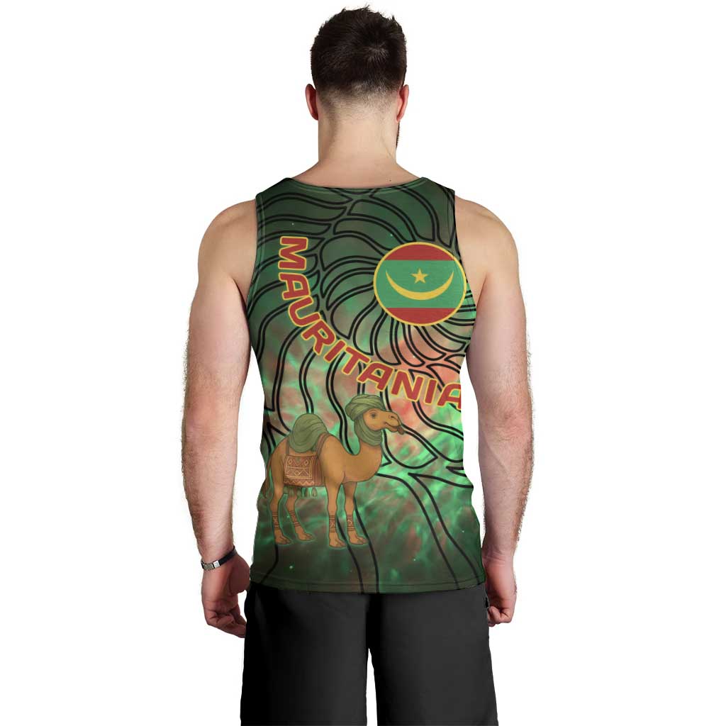 Mauritania Men Tank Top with Green Tie Dye Camel and Crescent Moon Flag Design