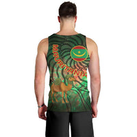 Mauritania Men Tank Top with Green Tie Dye Camel and Crescent Moon Flag Design