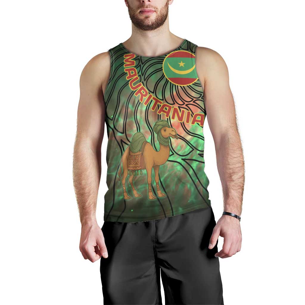 Mauritania Men Tank Top with Green Tie Dye Camel and Crescent Moon Flag Design