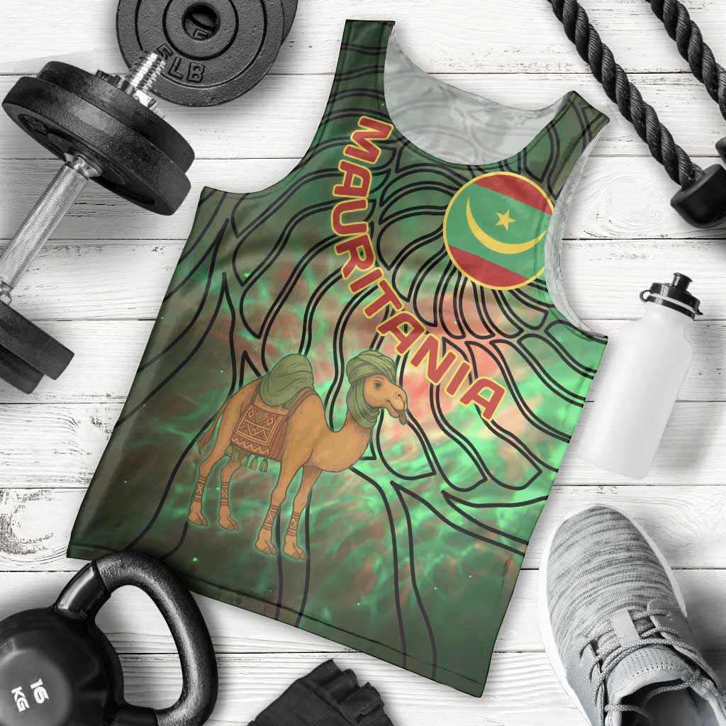 Mauritania Men Tank Top with Green Tie Dye Camel and Crescent Moon Flag Design