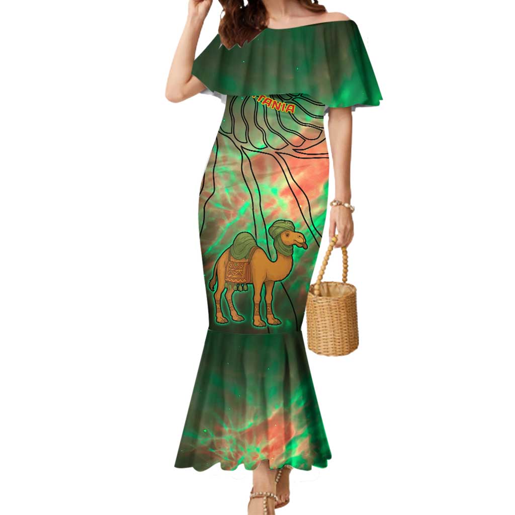 Mauritania Mermaid Dress with Green Tie Dye Camel and Crescent Moon Flag Design