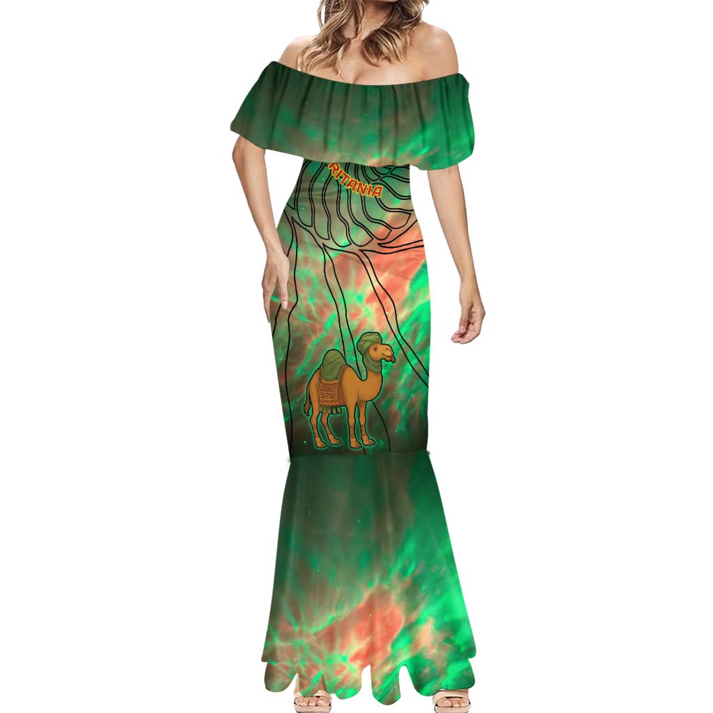 Mauritania Mermaid Dress with Green Tie Dye Camel and Crescent Moon Flag Design