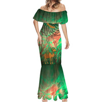 Mauritania Mermaid Dress with Green Tie Dye Camel and Crescent Moon Flag Design
