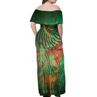 Mauritania Off Shoulder Maxi Dress with Green Tie Dye Camel and Crescent Moon Flag Design