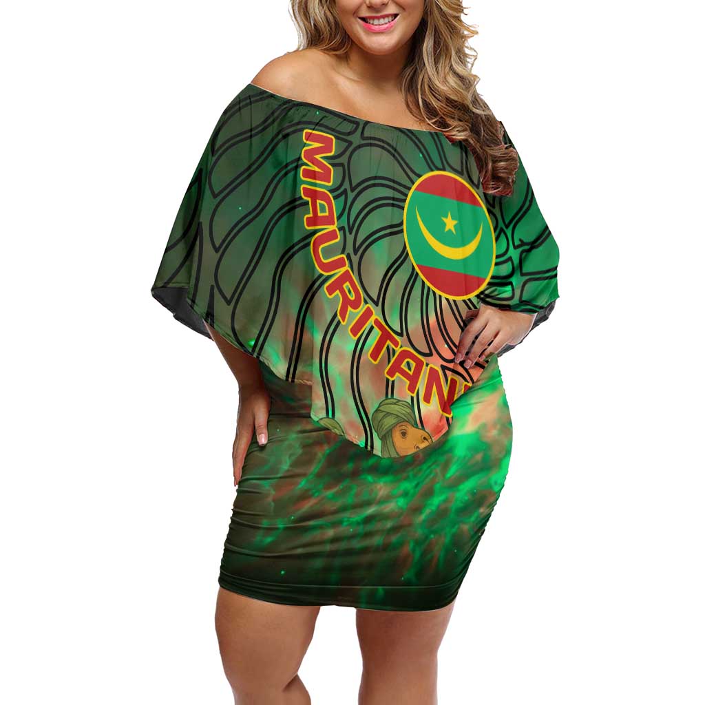 Mauritania Off Shoulder Short Dress with Green Tie Dye Camel and Crescent Moon Flag Design