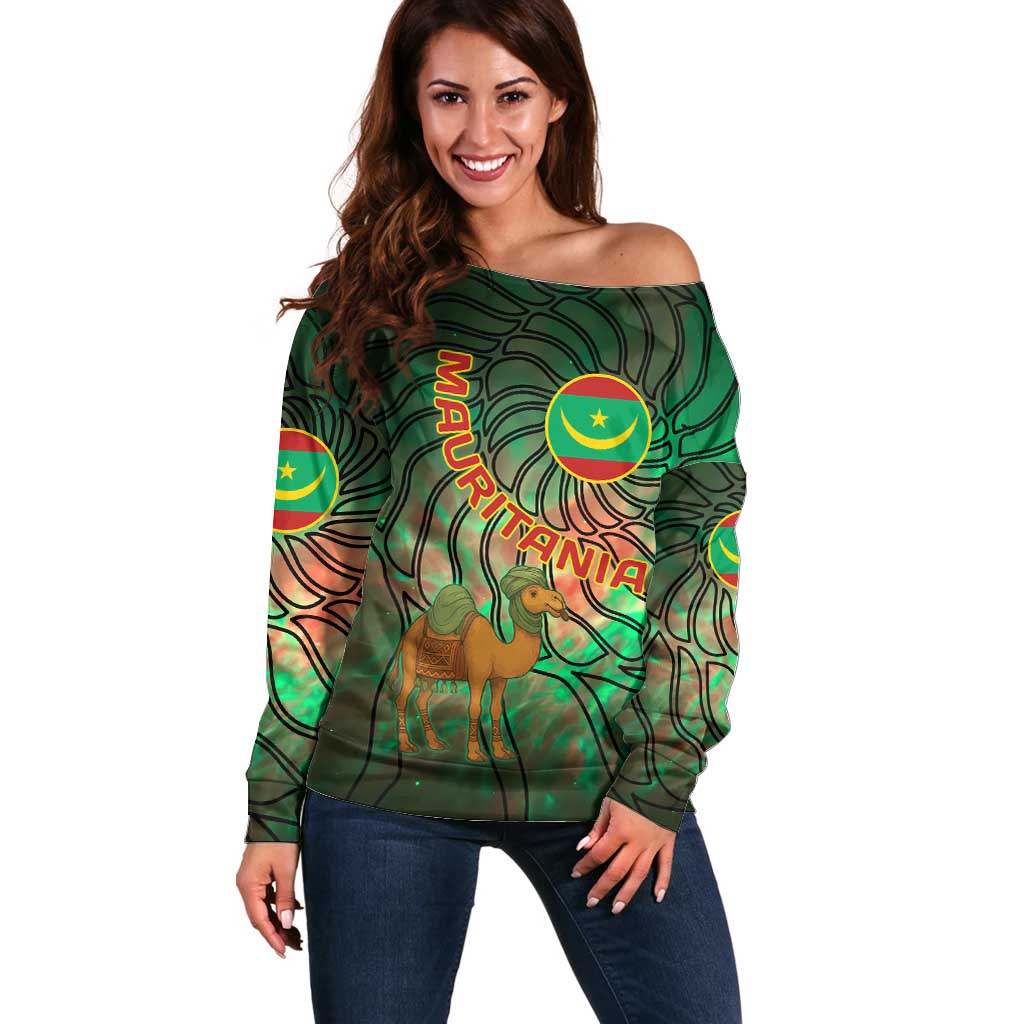 Mauritania Off Shoulder Sweater with Green Tie Dye Camel and Crescent Moon Flag Design