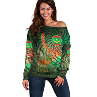 Mauritania Off Shoulder Sweater with Green Tie Dye Camel and Crescent Moon Flag Design
