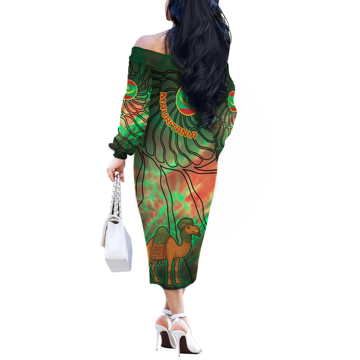 Mauritania Off The Shoulder Long Sleeve Dress with Green Tie Dye Camel and Crescent Moon Flag Design
