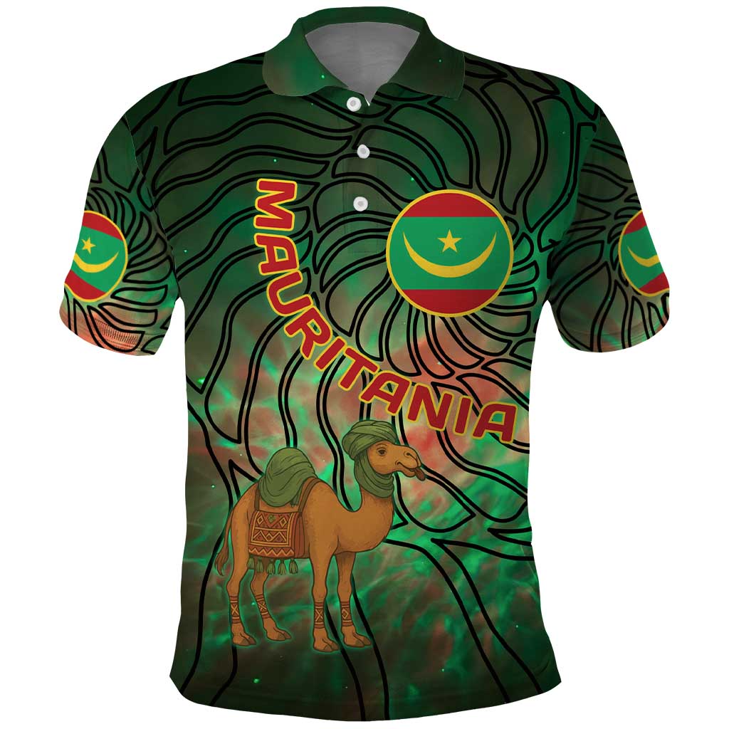 Mauritania Polo Shirt with Green Tie Dye Camel and Crescent Moon Flag Design