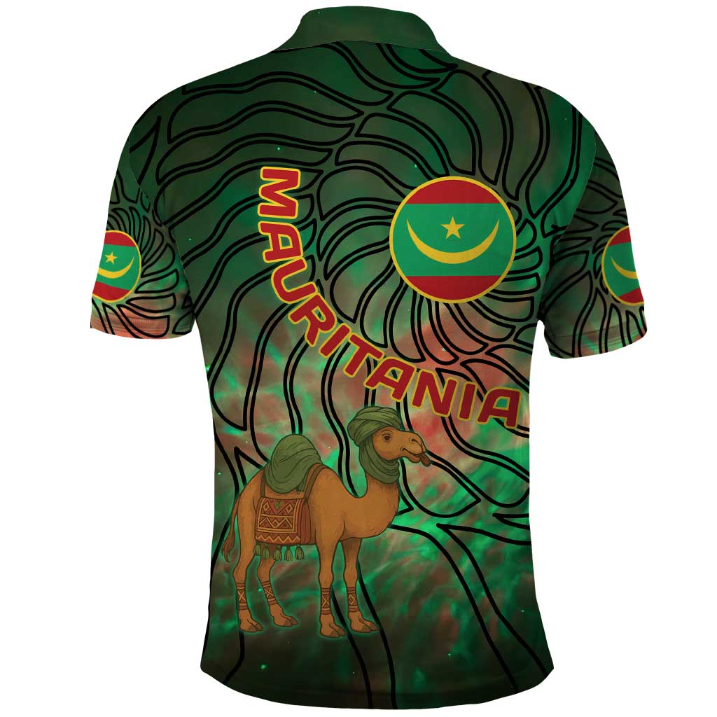 Mauritania Polo Shirt with Green Tie Dye Camel and Crescent Moon Flag Design