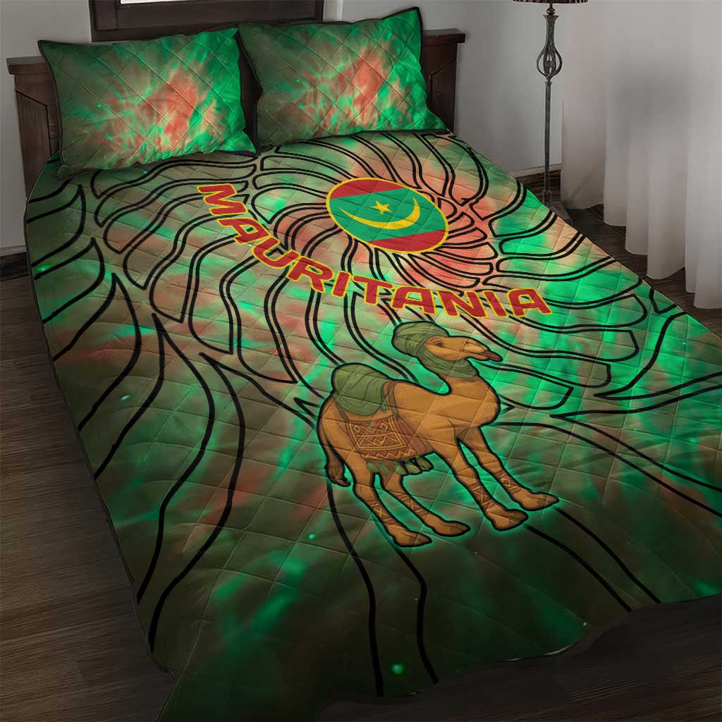 Mauritania Quilt Bed Set with Green Tie Dye Camel and Crescent Moon Flag Design