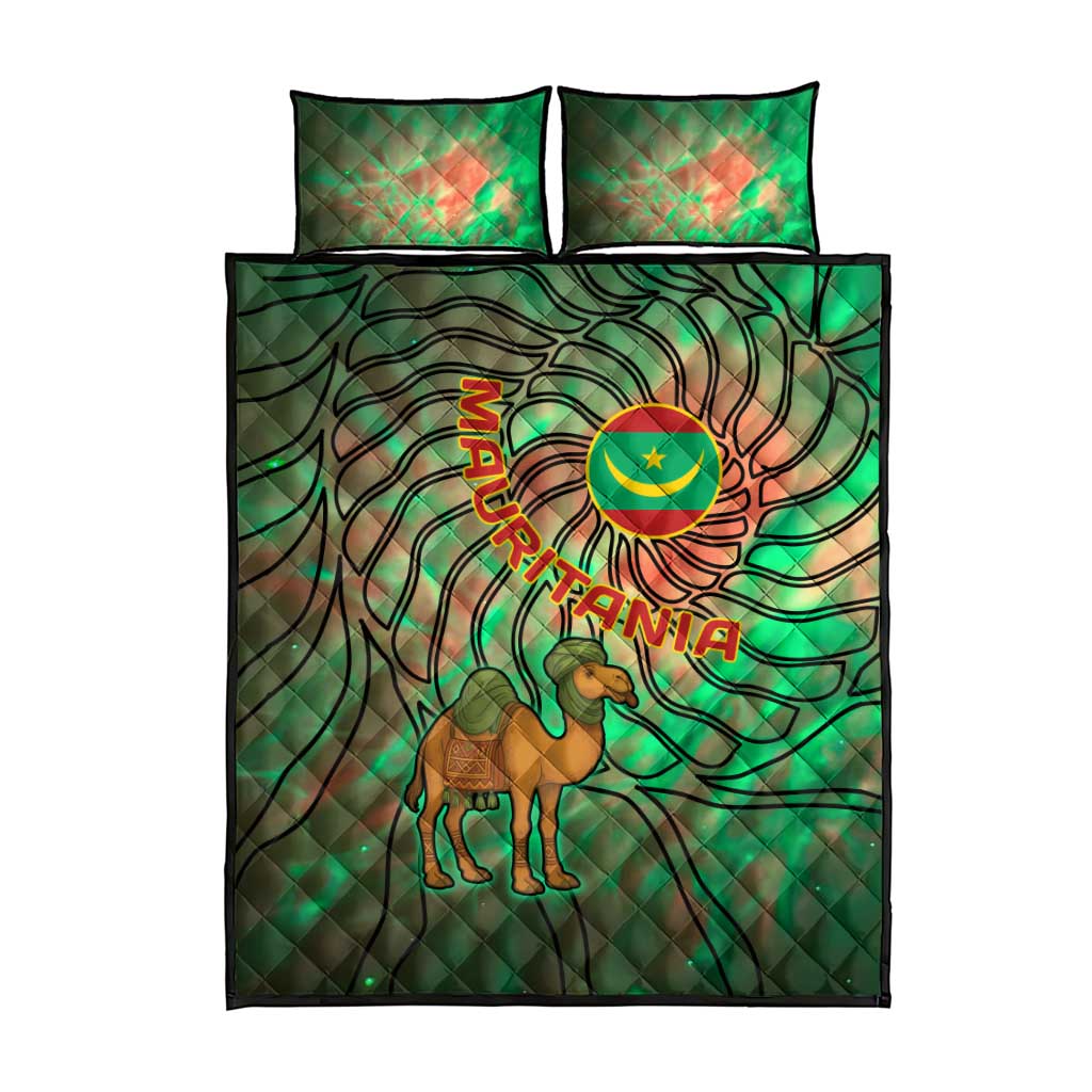 Mauritania Quilt Bed Set with Green Tie Dye Camel and Crescent Moon Flag Design