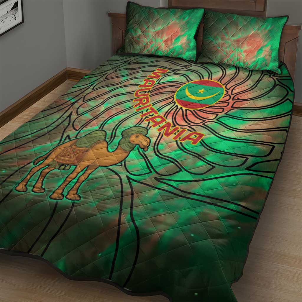 Mauritania Quilt Bed Set with Green Tie Dye Camel and Crescent Moon Flag Design