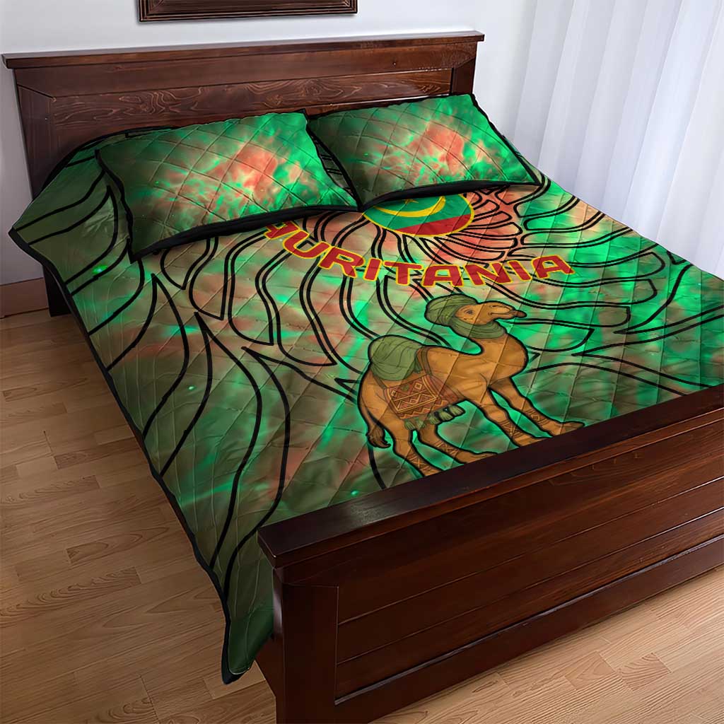 Mauritania Quilt Bed Set with Green Tie Dye Camel and Crescent Moon Flag Design