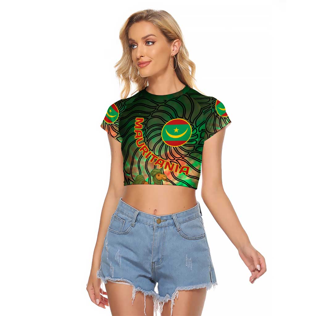 Mauritania Raglan Cropped T Shirt with Green Tie Dye Camel and Crescent Moon Flag Design