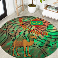 Mauritania Round Carpet with Green Tie Dye Camel and Crescent Moon Flag Design