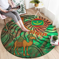 Mauritania Round Carpet with Green Tie Dye Camel and Crescent Moon Flag Design