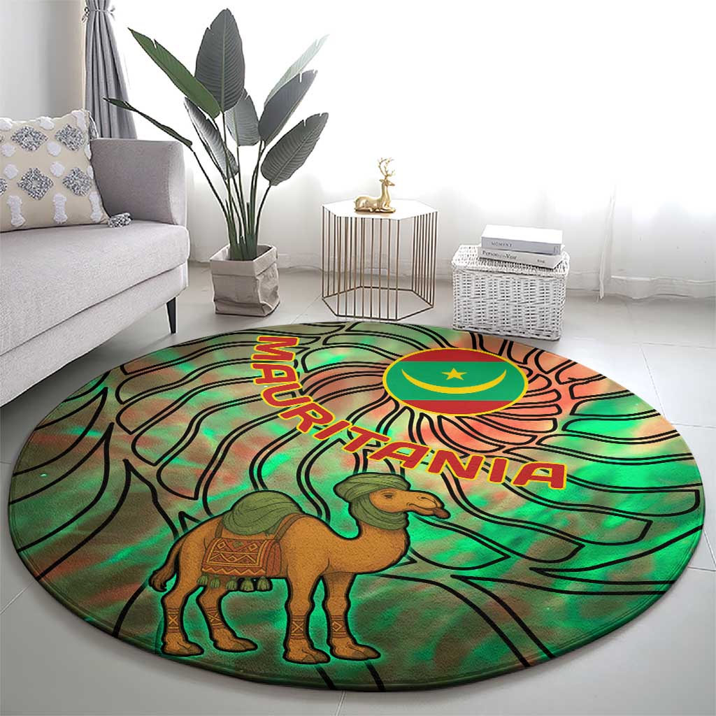Mauritania Round Carpet with Green Tie Dye Camel and Crescent Moon Flag Design