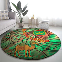 Mauritania Round Carpet with Green Tie Dye Camel and Crescent Moon Flag Design