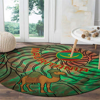 Mauritania Round Carpet with Green Tie Dye Camel and Crescent Moon Flag Design