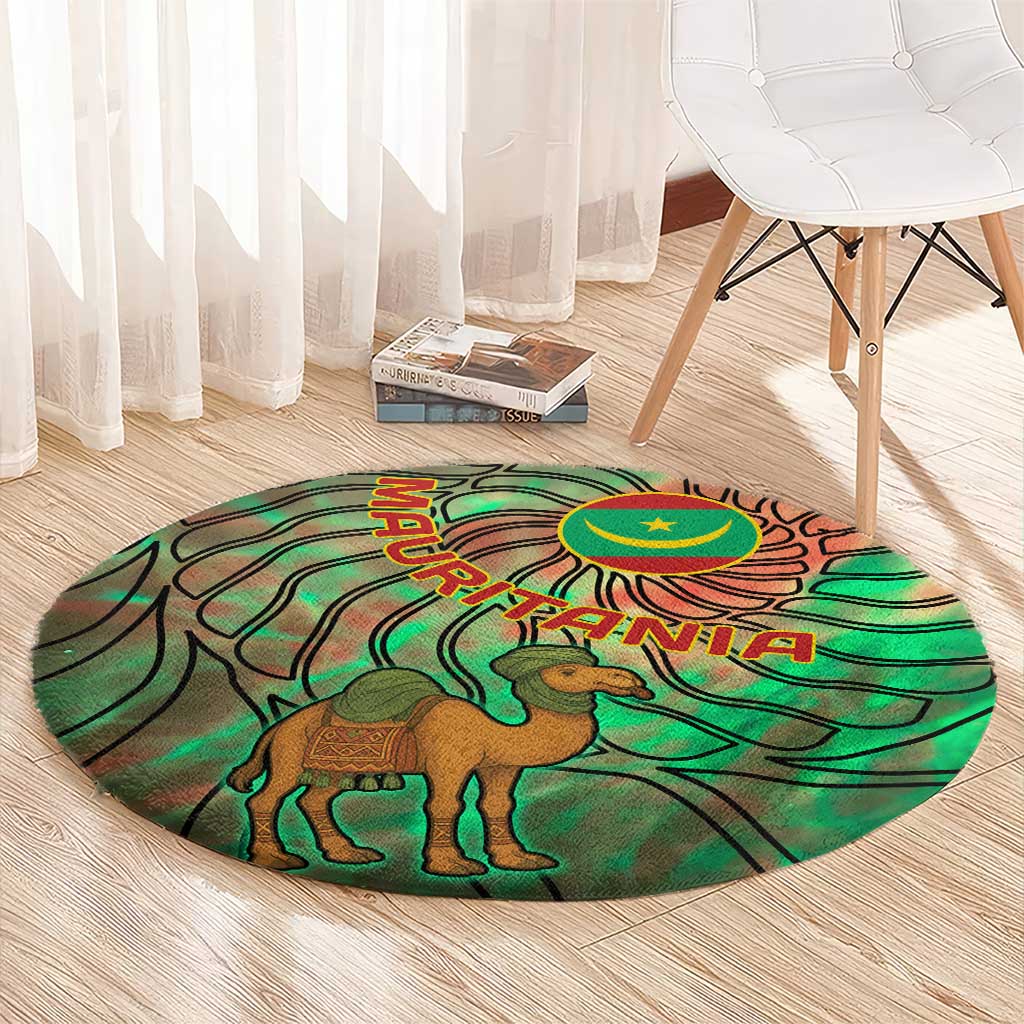Mauritania Round Carpet with Green Tie Dye Camel and Crescent Moon Flag Design