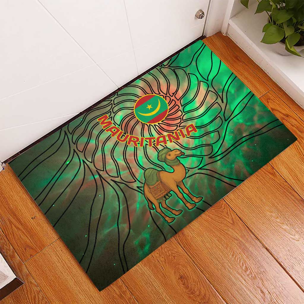 Mauritania Rubber Doormat with Green Tie Dye Camel and Crescent Moon Flag Design