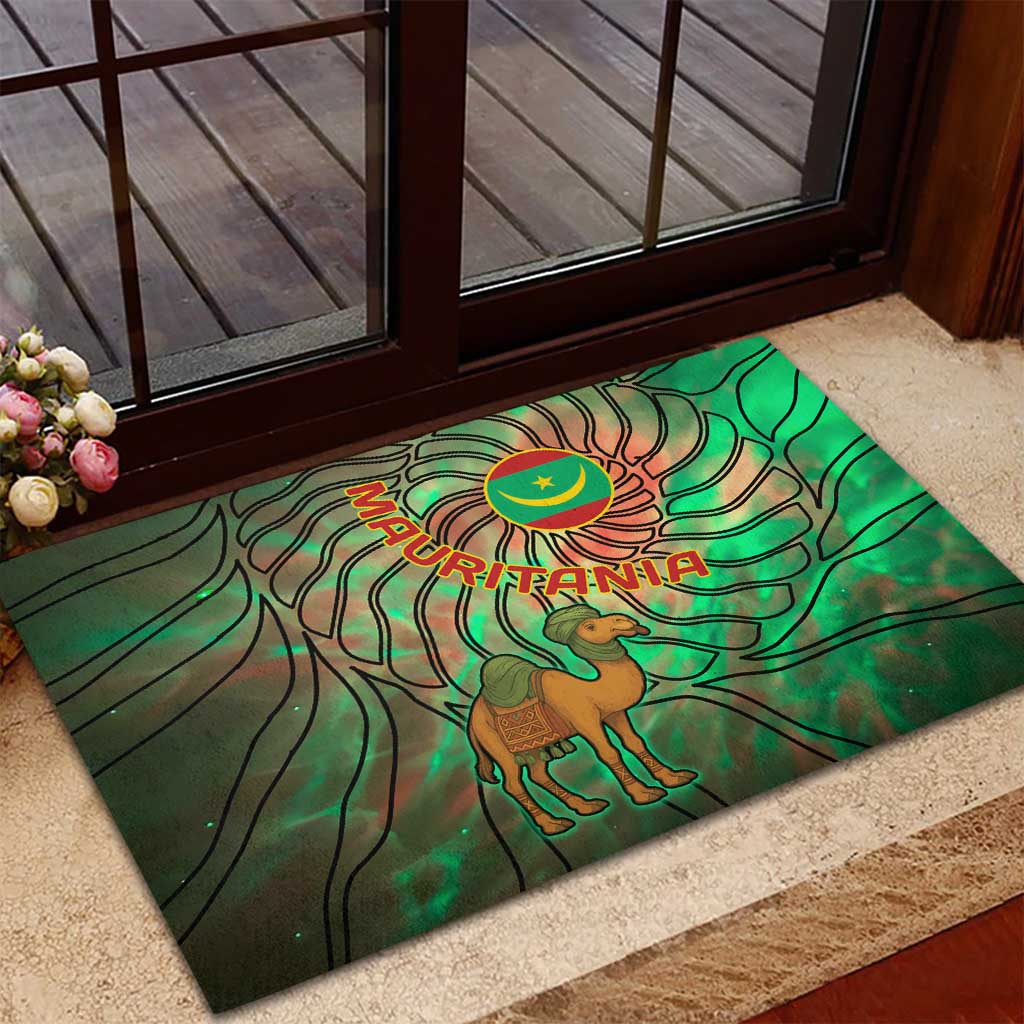 Mauritania Rubber Doormat with Green Tie Dye Camel and Crescent Moon Flag Design