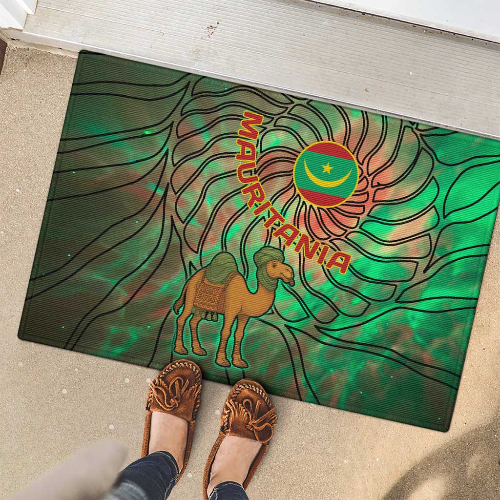 Mauritania Rubber Doormat with Green Tie Dye Camel and Crescent Moon Flag Design